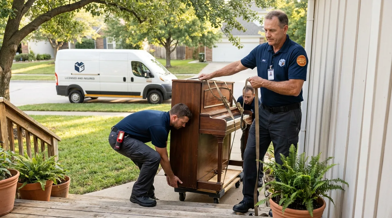 Licensed piano movers securing grand piano in Jefferson City, TN
