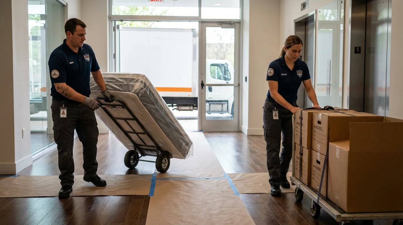 Professional apartment movers loading elevator in Jefferson City, TN