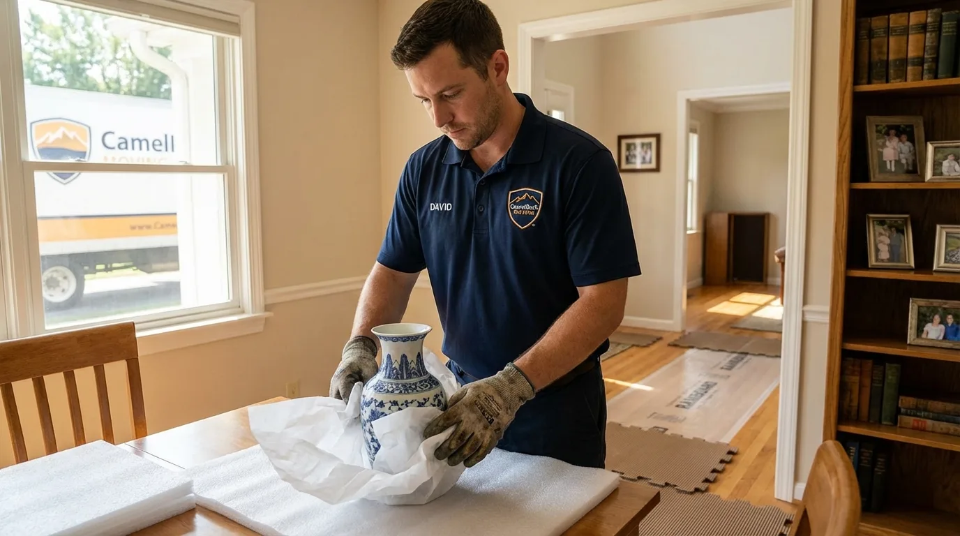 Professional crew carefully wrapping antique vase for senior downsizing move in Jefferson City, TN